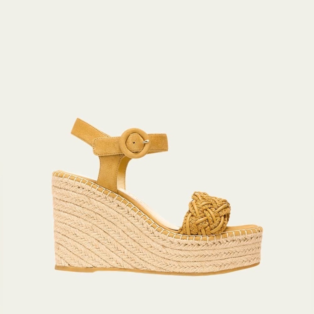 Veronica Beard Reema Espadrille Wedge Sandals Yellow Leather 10
